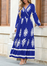 PRETTYGARDEN Women's Fall Wedding Guest Dresses Boho Floral Long Sleeve V Neck Flowy Elegant Maxi Dress Beach Clothes