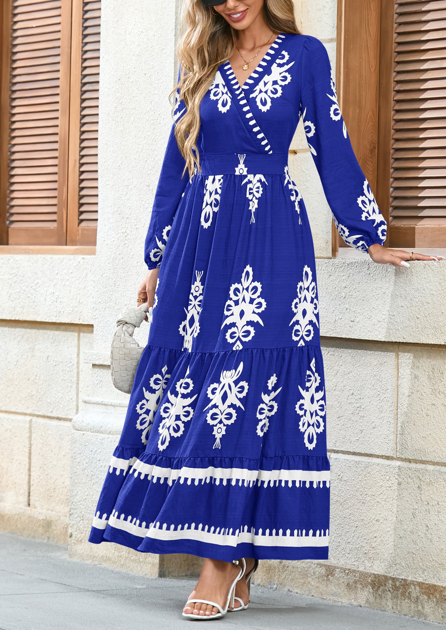 PRETTYGARDEN Women's Fall Wedding Guest Dresses Boho Floral Long Sleeve V Neck Flowy Elegant Maxi Dress Beach Clothes