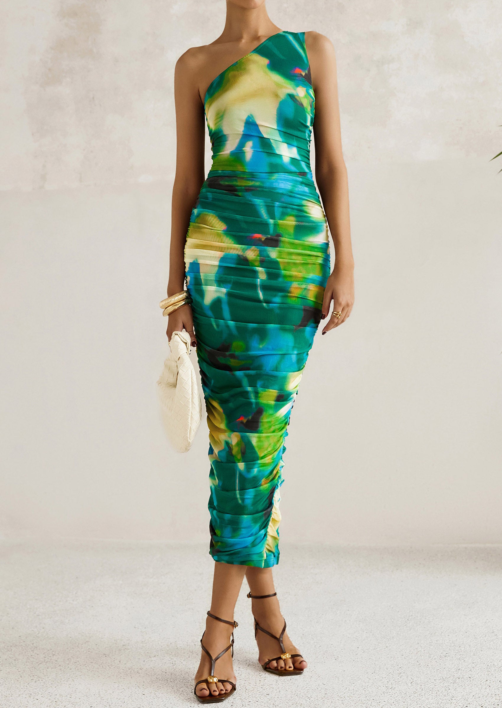 PRETTYGARDEN Women's One Shoulder Bodycon Dresses Ruched Floral Beach Cocktail Wedding Guest Dress