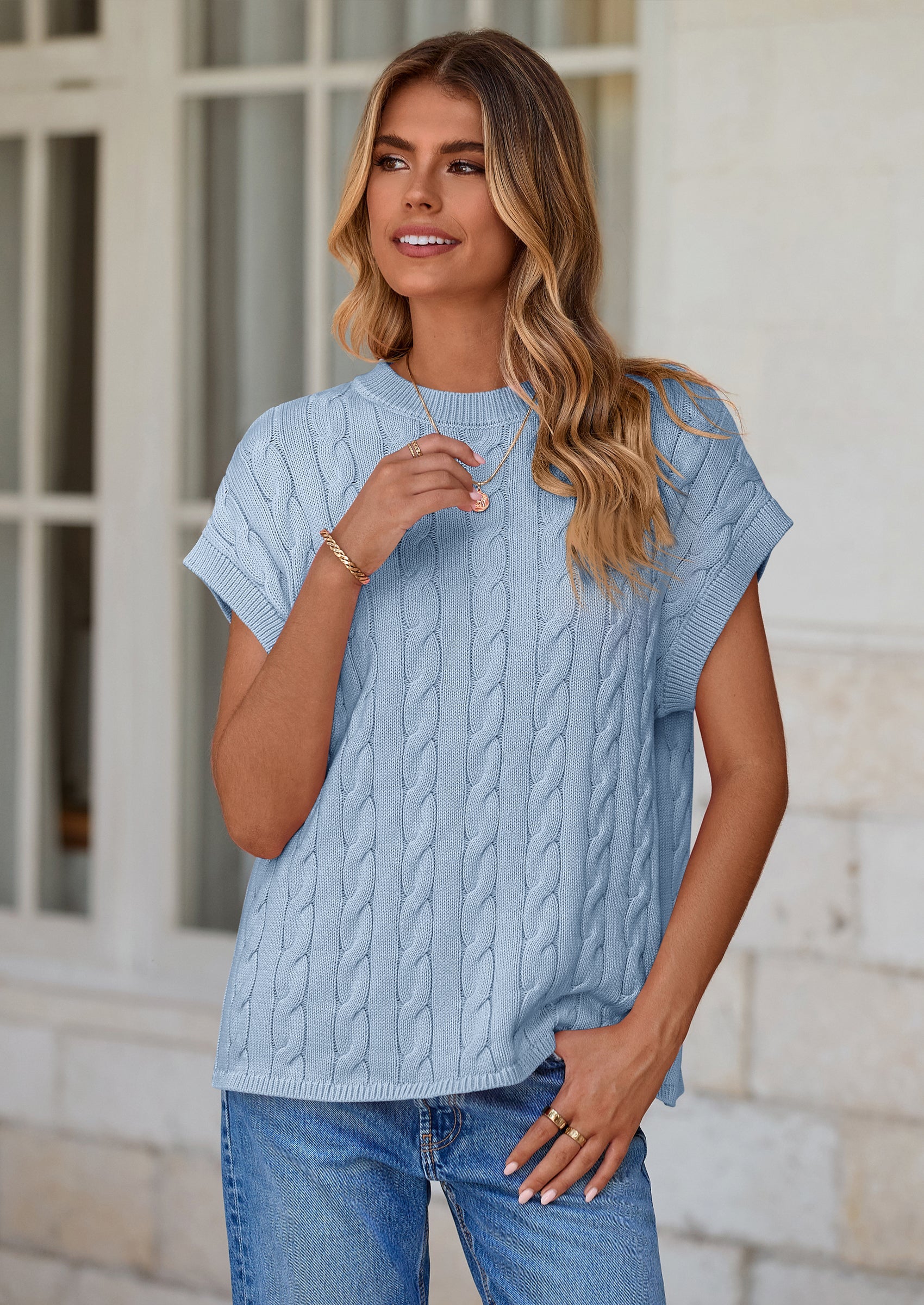 PRETTYGARDEN Women's Sweater Vest Summer Short Sleeve Tops Casual Crewneck Knit Oversized Pullover Trendy Spring Outfits PRETTYGARDEN