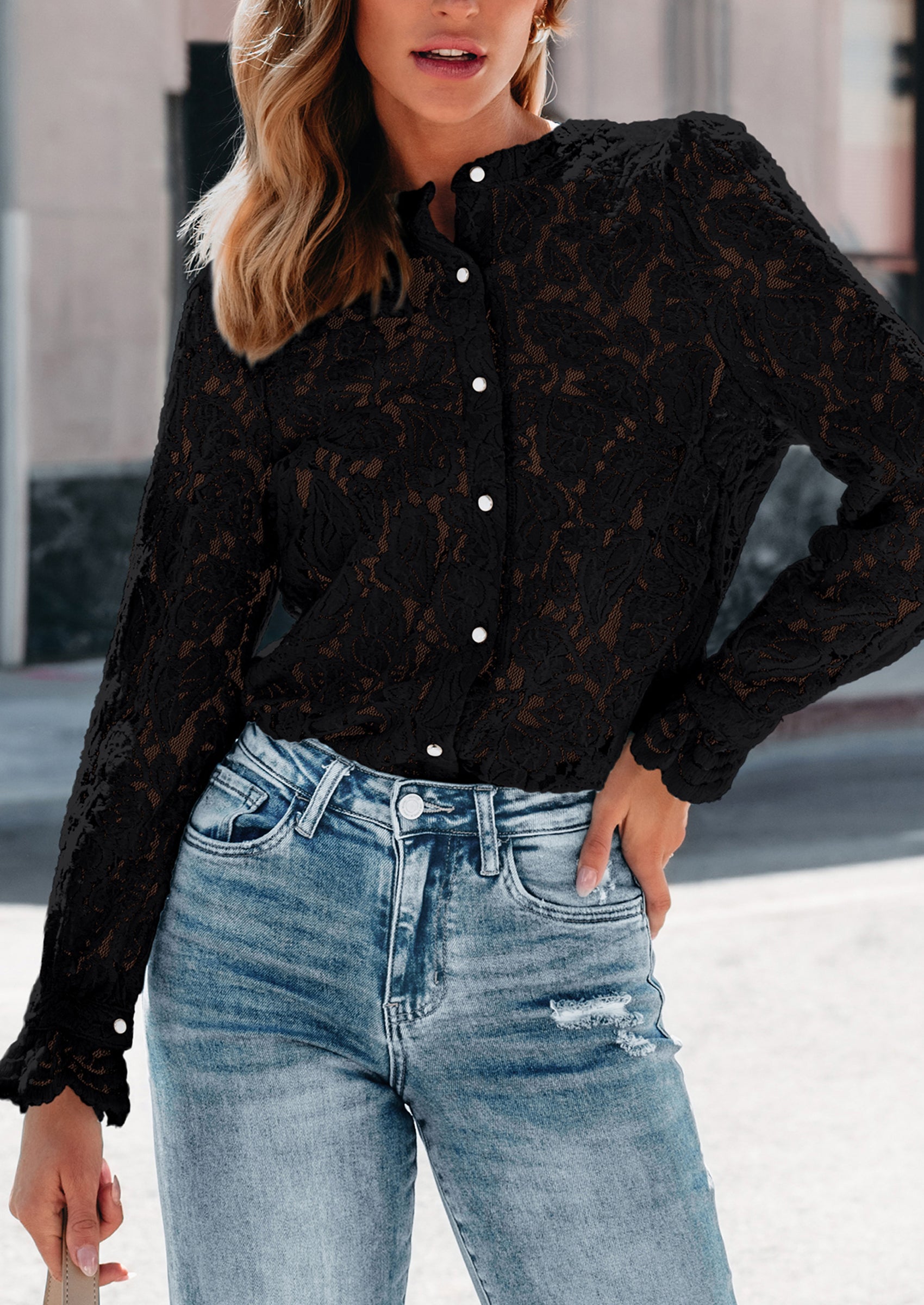 PRETTYGARDEN Women's Dressy Casual Lace Blouse Long Sleeve Button Up Shirts Tops Spring Fall Fashion Clothes