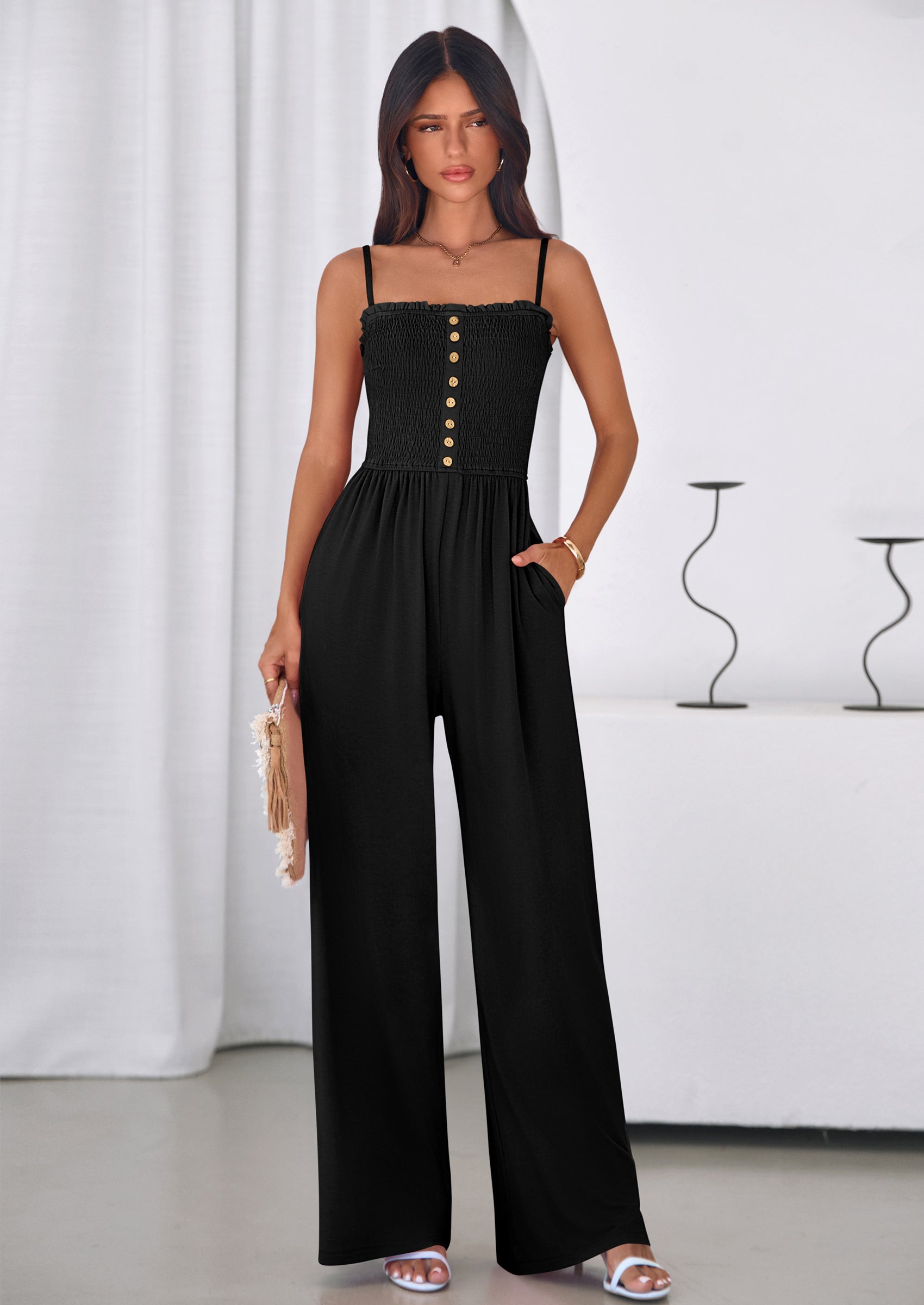 PRETTYGARDEN Jumpsuits for Women Summer Sleeveless Smocked Button Wide Leg Rompers Spring Travel One Piece Outfits PRETTYGARDEN