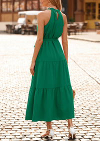 PRETTYGARDEN Women's Summer Floral Maxi Sun Dress Sleeveless Halter Neck Flowy Ruffle Hem Long Boho Dresses with Belt