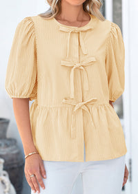 PRETTYGARDEN Women's Tie Front Striped Shirt Summer Trendy Fashion Cute Babydoll Tops Peplum Puffy Sleeve Blouse