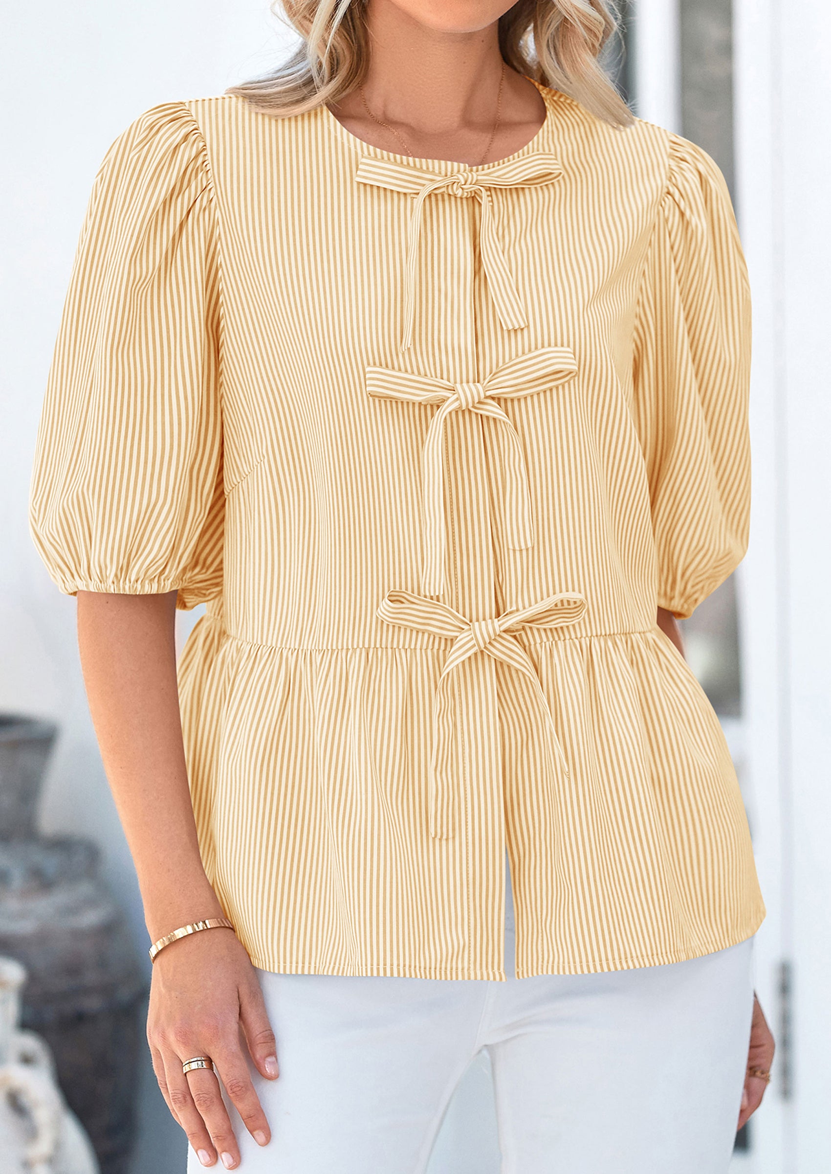 PRETTYGARDEN Women's Tie Front Striped Shirt Summer Trendy Fashion Cute Babydoll Tops Peplum Puffy Sleeve Blouse