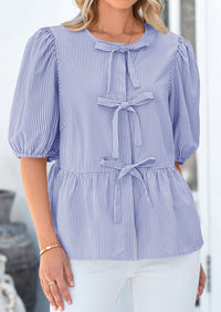 PRETTYGARDEN Women's Tie Front Striped Shirt Summer Trendy Fashion Cute Babydoll Tops Peplum Puffy Sleeve Blouse