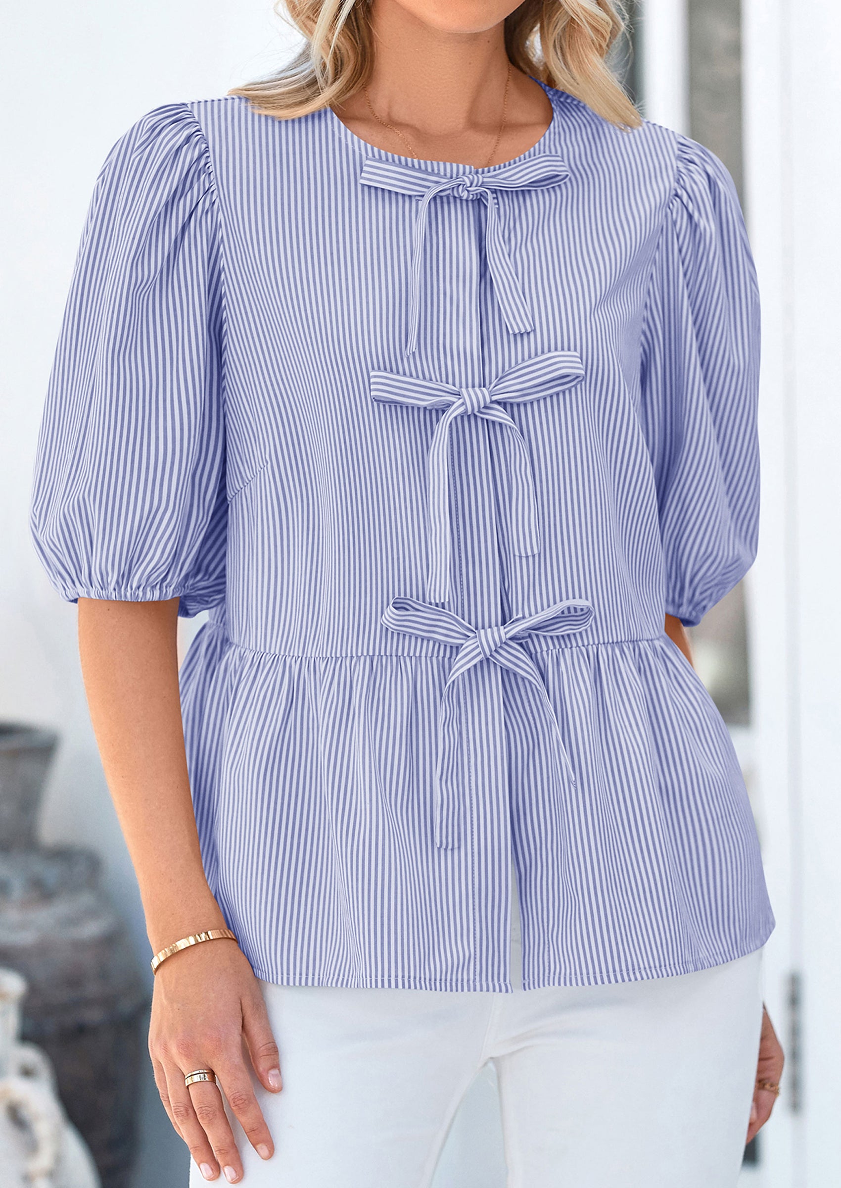 PRETTYGARDEN Women's Tie Front Striped Shirt Summer Trendy Fashion Cute Babydoll Tops Peplum Puffy Sleeve Blouse
