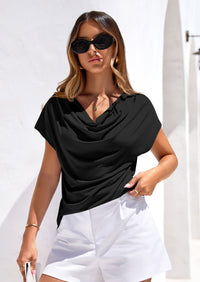 PRETTYGARDEN Blouses for Women Dressy Casual Summer Cowl Neck Short Sleeve Tops Spring Work Office Teacher Shirts PRETTYGARDEN
