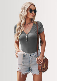 PRETTYGARDEN Women's Summer Casual Henley T-Shirts Short Sleeve V Neck Button Up Ribbed Knit Slim Fit Basic Tops