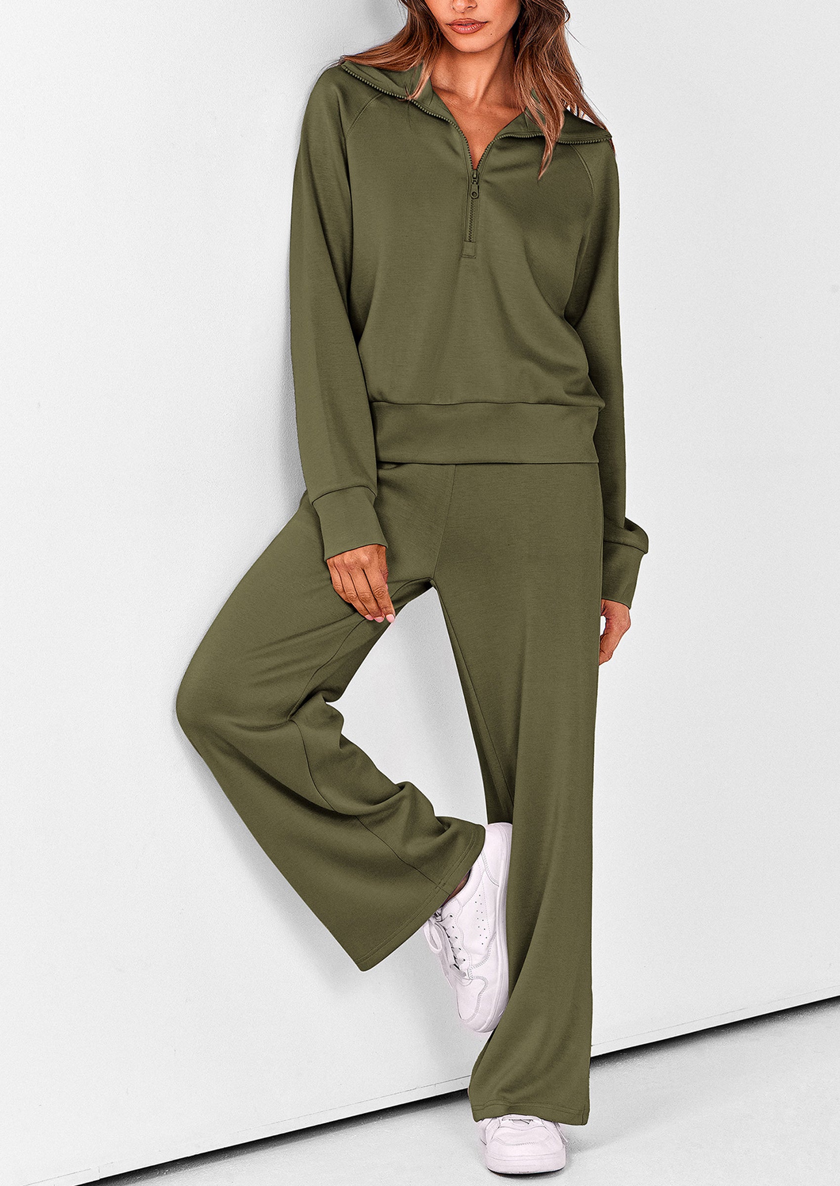 PRETTYGARDEN Women's 2 Piece Outfits Casual Lapel Half Zip Sweatshirts And Wide Leg Pants Tracksuit Sets