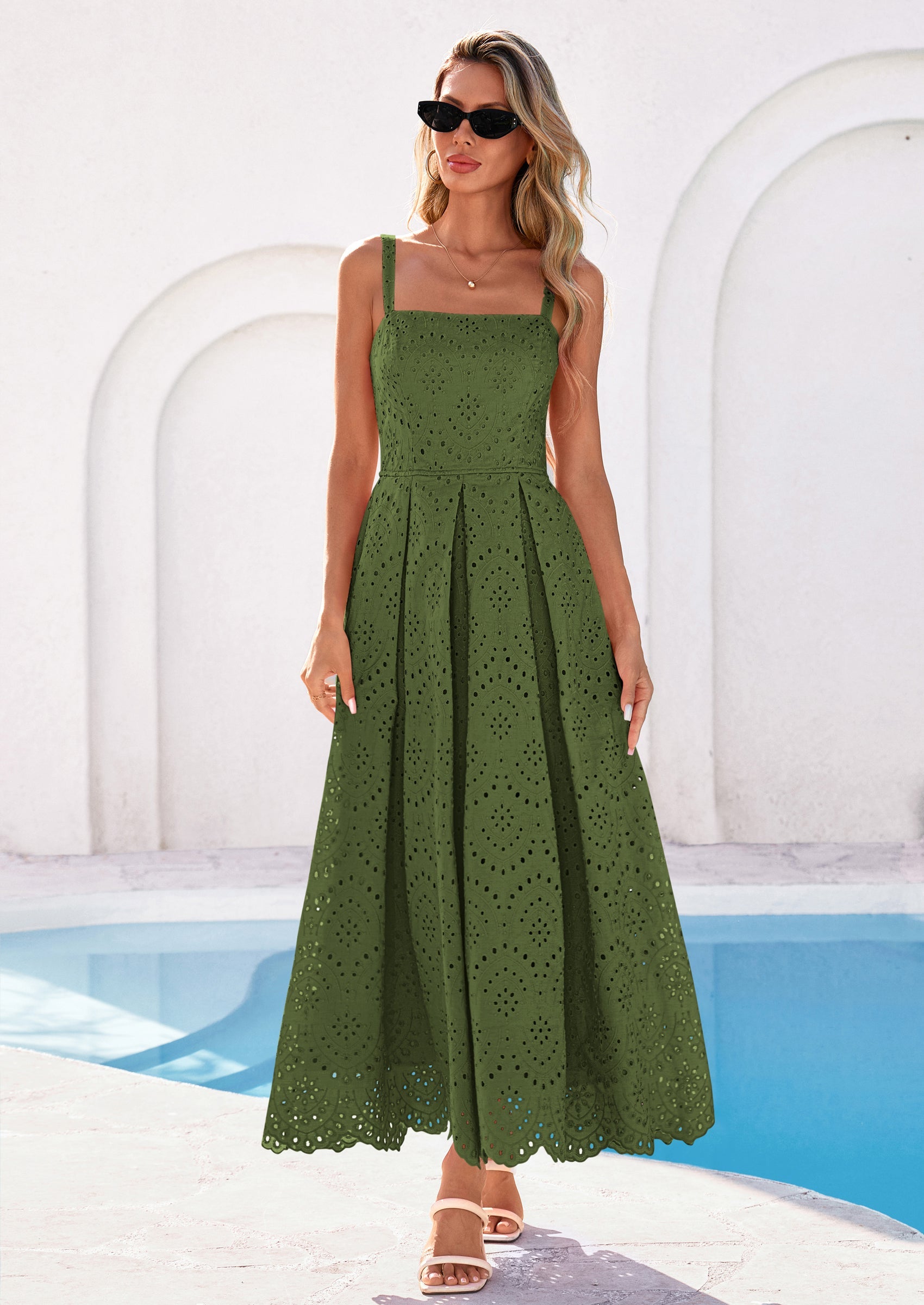 PRETTYGARDEN Womens Sleeveless Maxi Summer Dresses Hollow Out Eyelet Square Neck Ruffle Flowy Beach Vacation Sundress PRETTYGARDEN