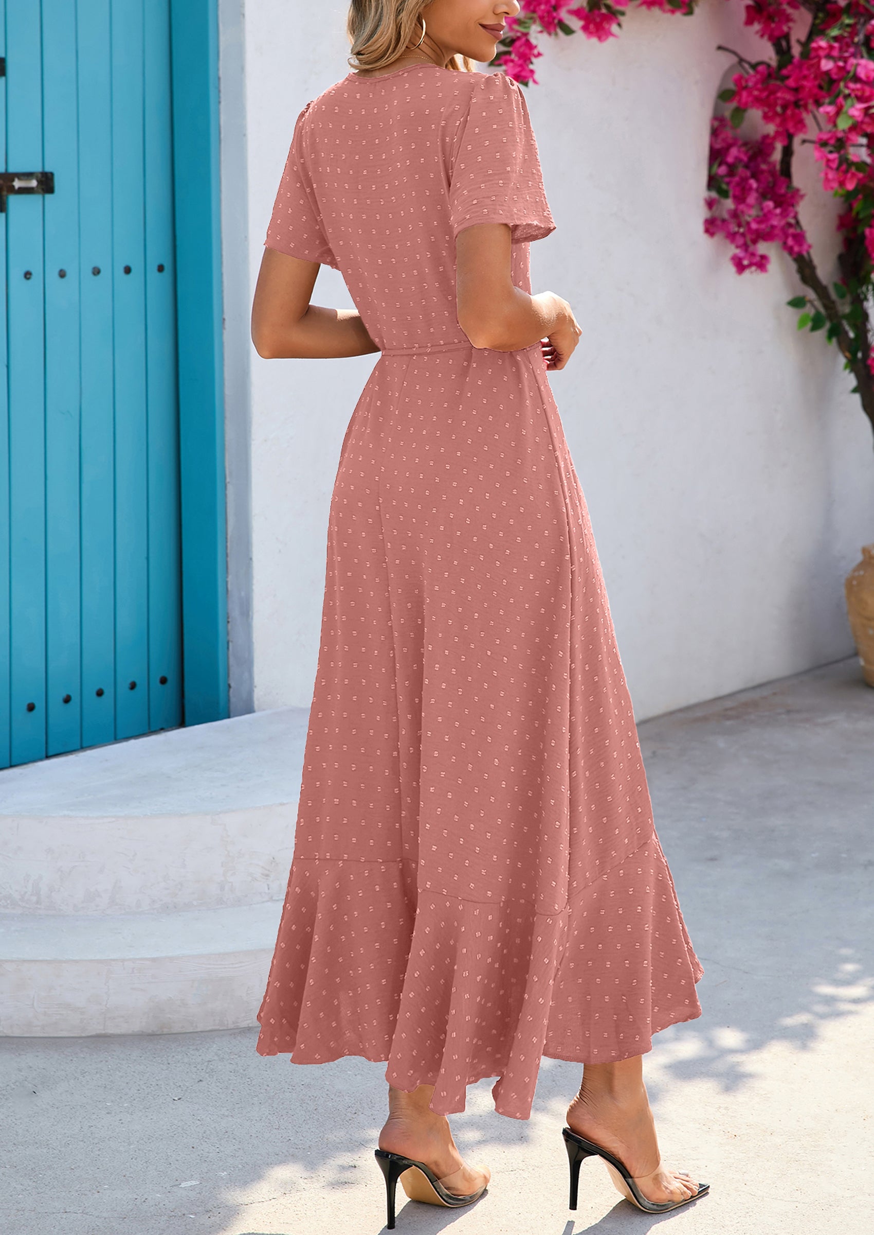 PRETTYGARDEN Women's Summer Maxi Dress Casual Wrap Floral Boho Short Sleeve V Neck Split Ruffle Beach Long Dresses