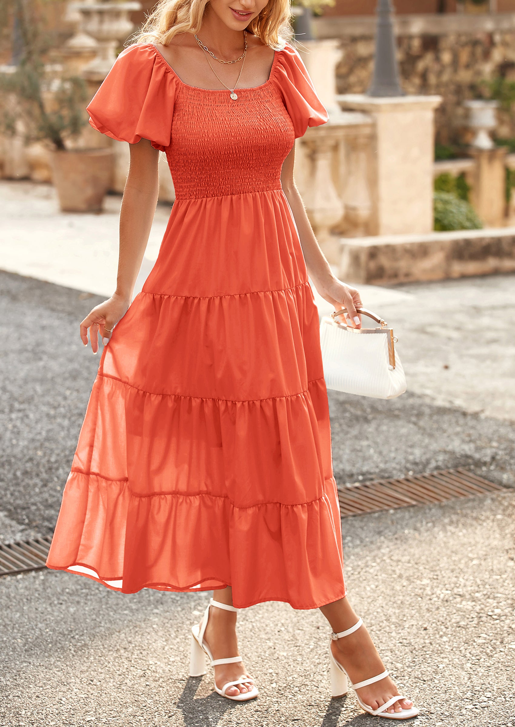 PRETTYGARDEN Women's Summer Casual Midi Dress Puffy Short Sleeve Square Neck Smocked Tiered Ruffle Dresses