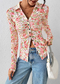 PRETTYGARDEN Women Button Down Floral Shirts Fall Trendy Long Sleeve V Neck Ruched Fitted Mesh Blouse Tops Date Outfits