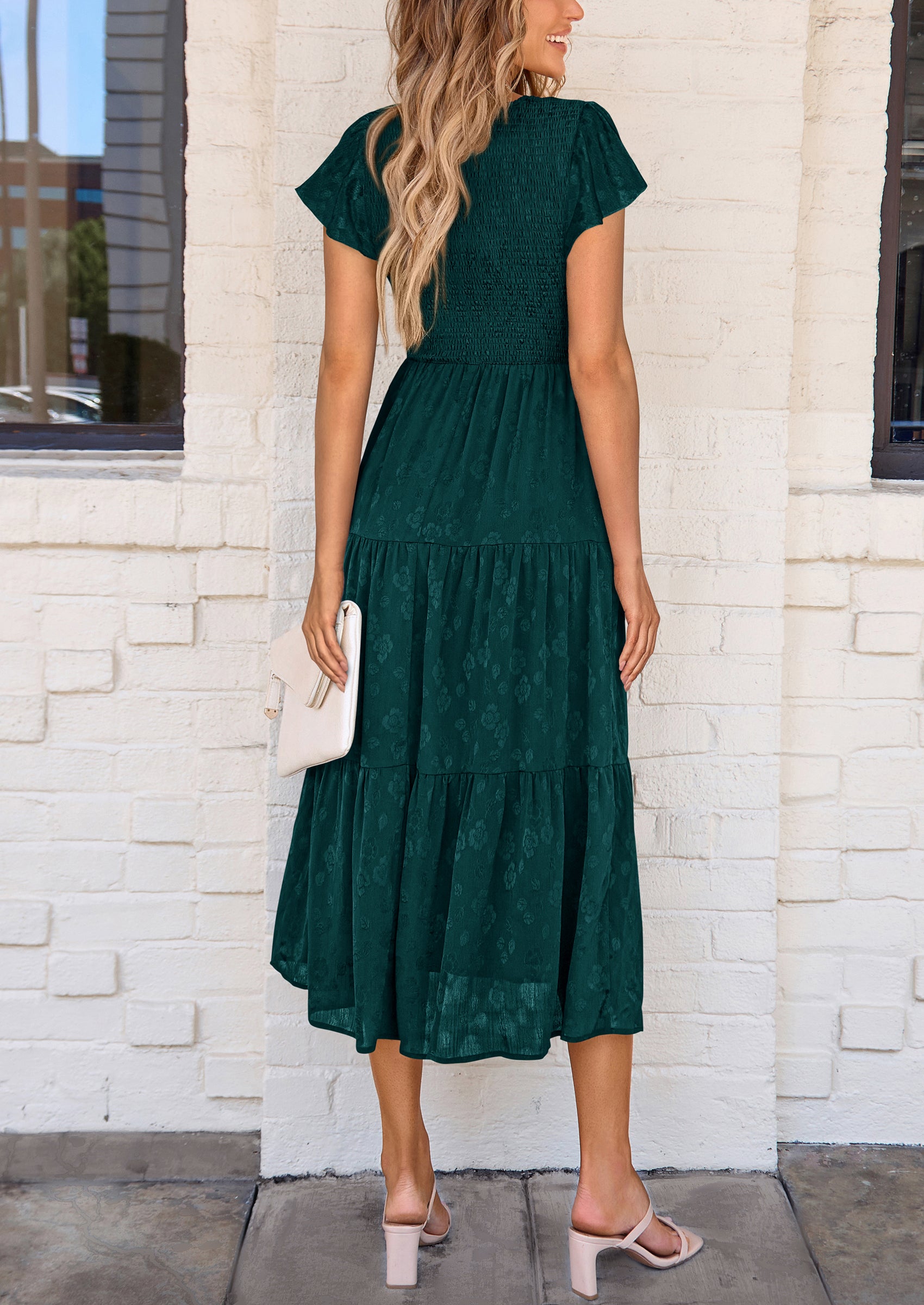 PRETTYGARDEN Midi Dress for Women Summer Floral Cap Sleeve Smocked Ruffle A Line Long Flowy Wedding Guest Dresses