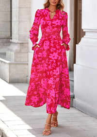 PRETTYGARDEN Women's Floral Maxi Dress Spring Long Sleeve V Neck Casual A Line Long Flowy Boho Party Dresses