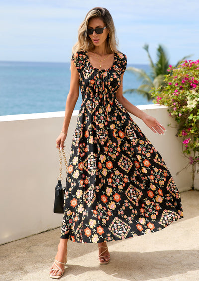 PRETTYGARDEN Women's Boho Maxi Dress Summer Cap Sleeve Long Flowy Beach Vacation Floral Sundresses Spring Resort Wear PRETTYGARDEN