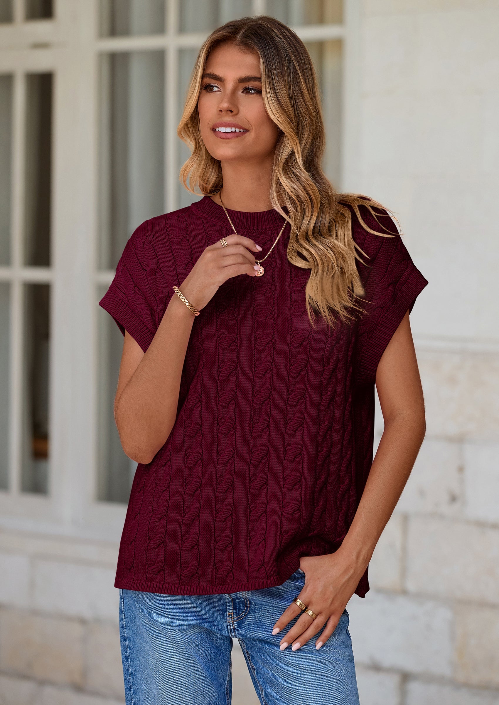 PRETTYGARDEN Women's Sweater Vest Summer Short Sleeve Tops Casual Crewneck Knit Oversized Pullover Trendy Spring Outfits PRETTYGARDEN