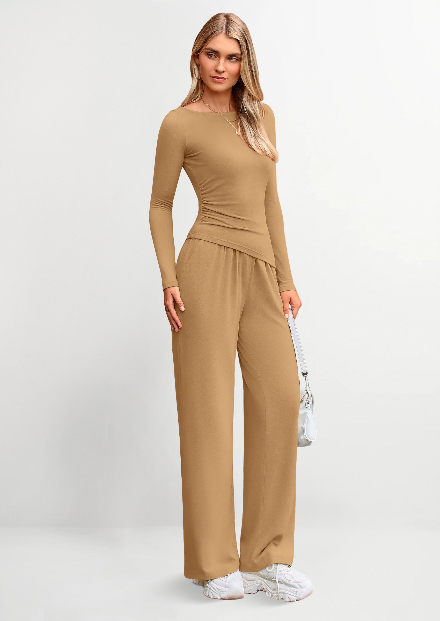 PRETTYGARDEN Women's 2 Piece Lounge Sets Asymmetrical Long Sleeve T Shirt Wide Leg Pants Casual Outfits Tracksuit