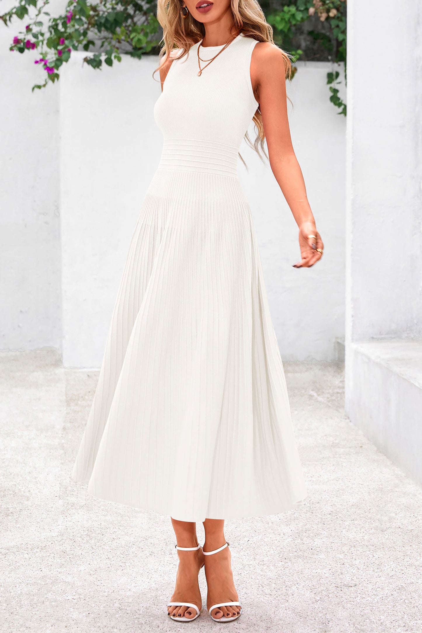 Women's Summer Midi Dresses 2025 Sleeveless Crewneck Knit A Line Pleated Swing Wedding Guest Casual Tank Dress