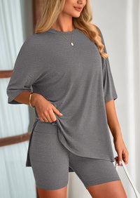 PRETTYGARDEN Women's Two Piece Lounge Set Summer Casual Oversized Shirts Biker Shorts Matching Airport Travel Outfit