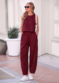 PRETTYGARDEN Womens 2 Piece Sets Summer Plaid Sleeveless Tops Wide Leg Pants Matching Lounge Set Beach Vacation Outfits