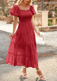 PRETTYGARDEN Women's Summer Casual Midi Dress Puffy Short Sleeve Square Neck Smocked Tiered Ruffle Dresses