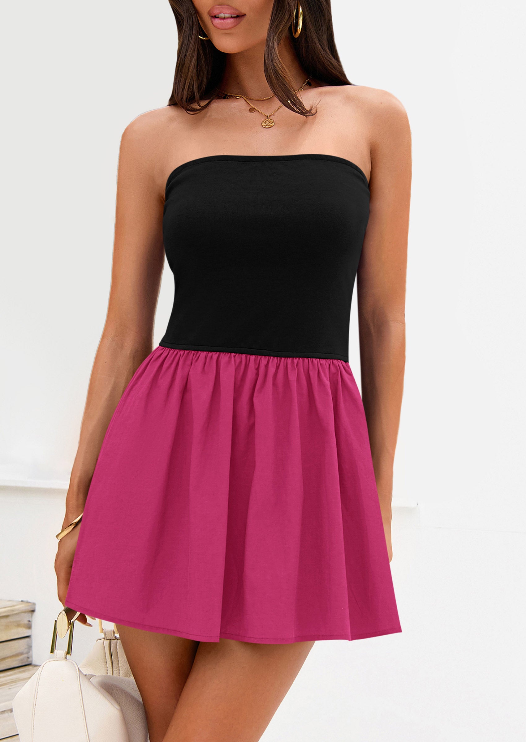 Strapless Casual Tube Top Ruffle A Line Patchwork Mini Dresses Mini Party Dresses