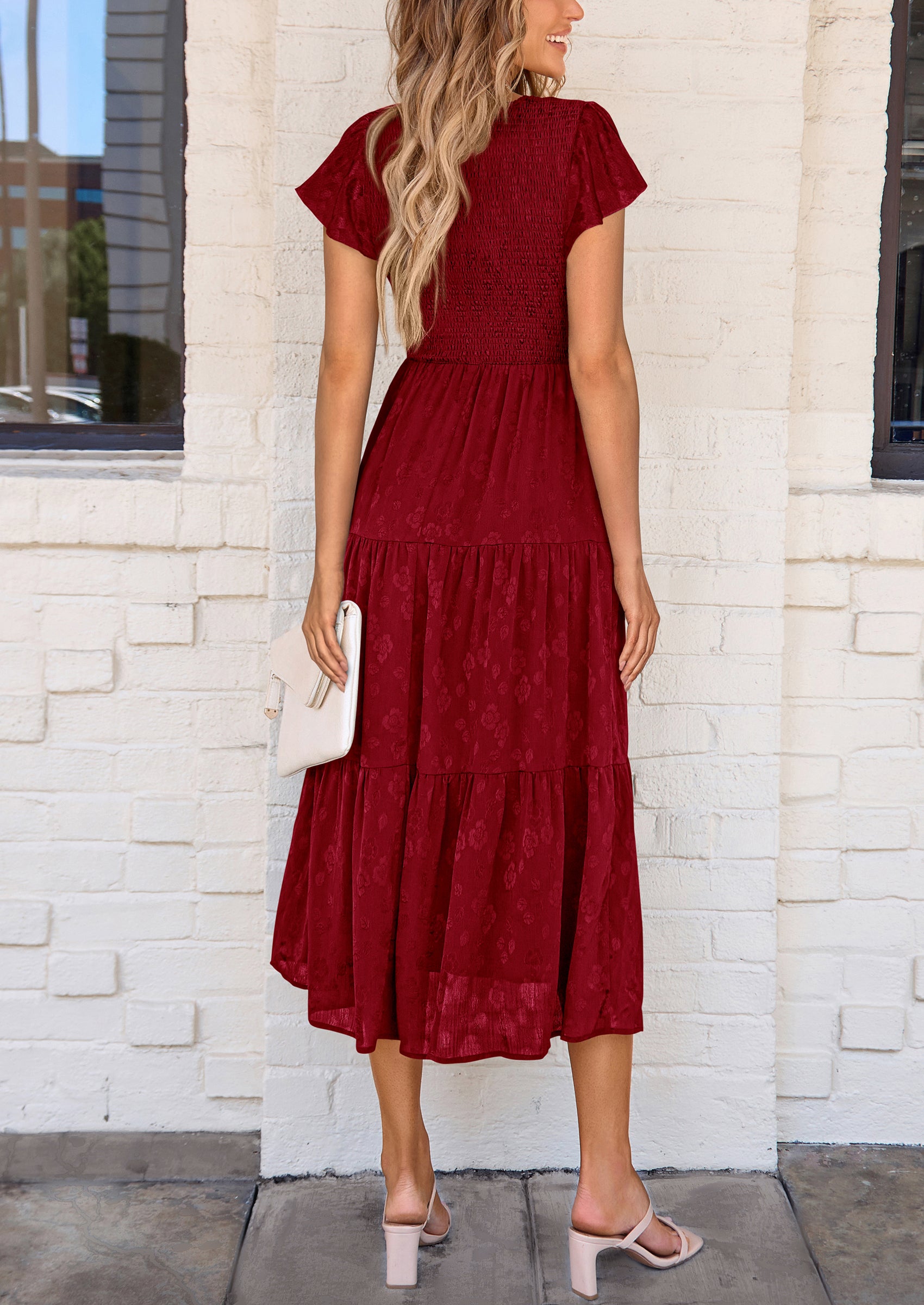 PRETTYGARDEN Midi Dress for Women Summer Floral Cap Sleeve Smocked Ruffle A Line Long Flowy Wedding Guest Dresses