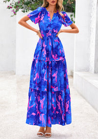 Summer Boho Floral Short Sleeve V Neck A Line Tiered Ruffle Flowy Long Beach Vacation Maxi Dresses