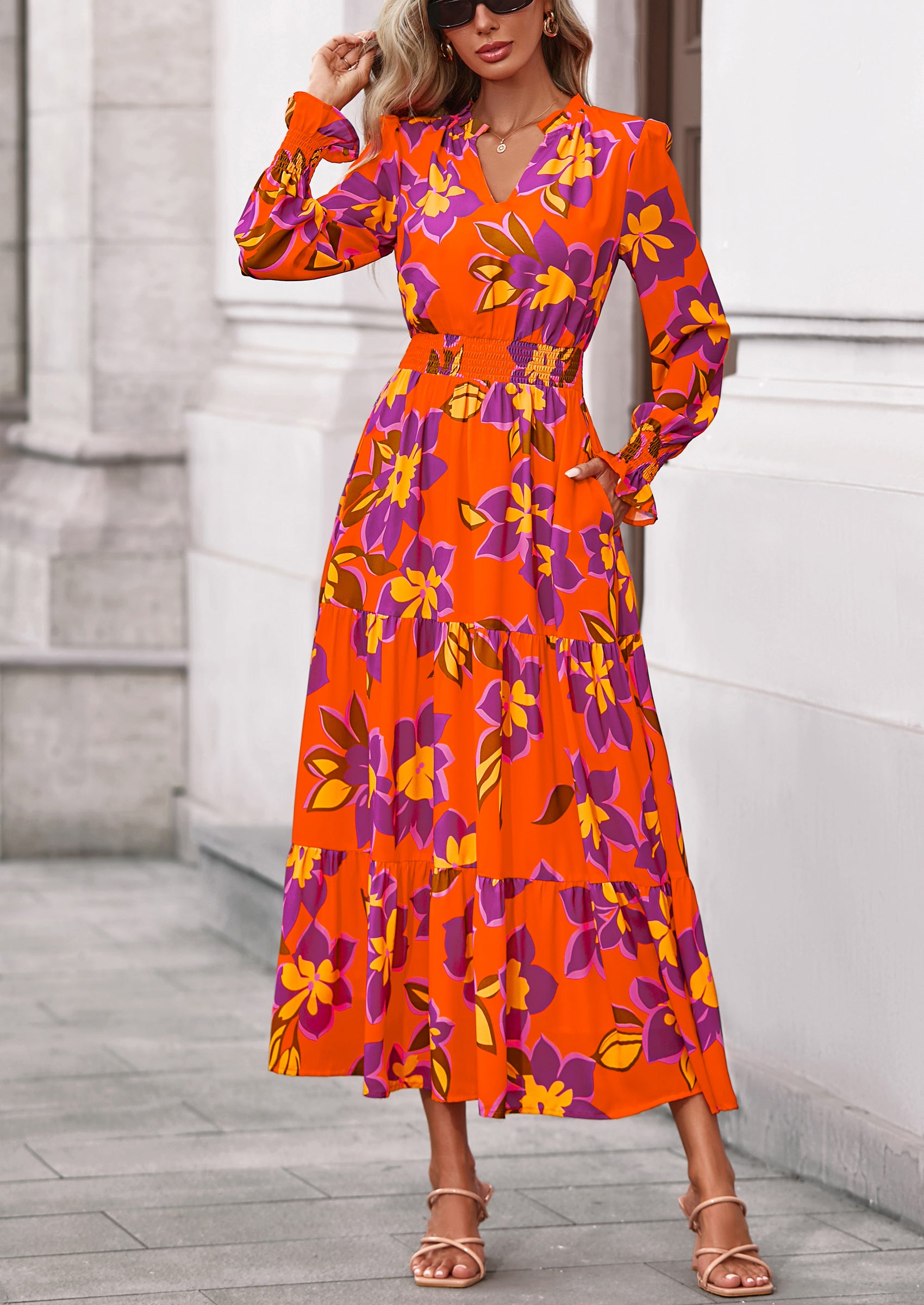 PRETTYGARDEN Women's Floral Maxi Dress Spring Long Sleeve V Neck Casual A Line Long Flowy Boho Party Dresses