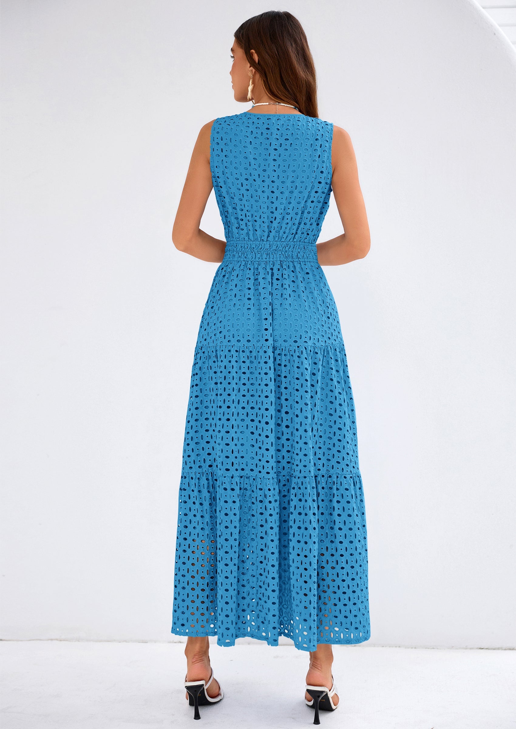 PRETTYGARDEN Summer Dresses for Women Sundresses Sleeveless V Neck Eyelet A Line Flowy Beach Vacation Spring Maxi Dress PRETTYGARDEN