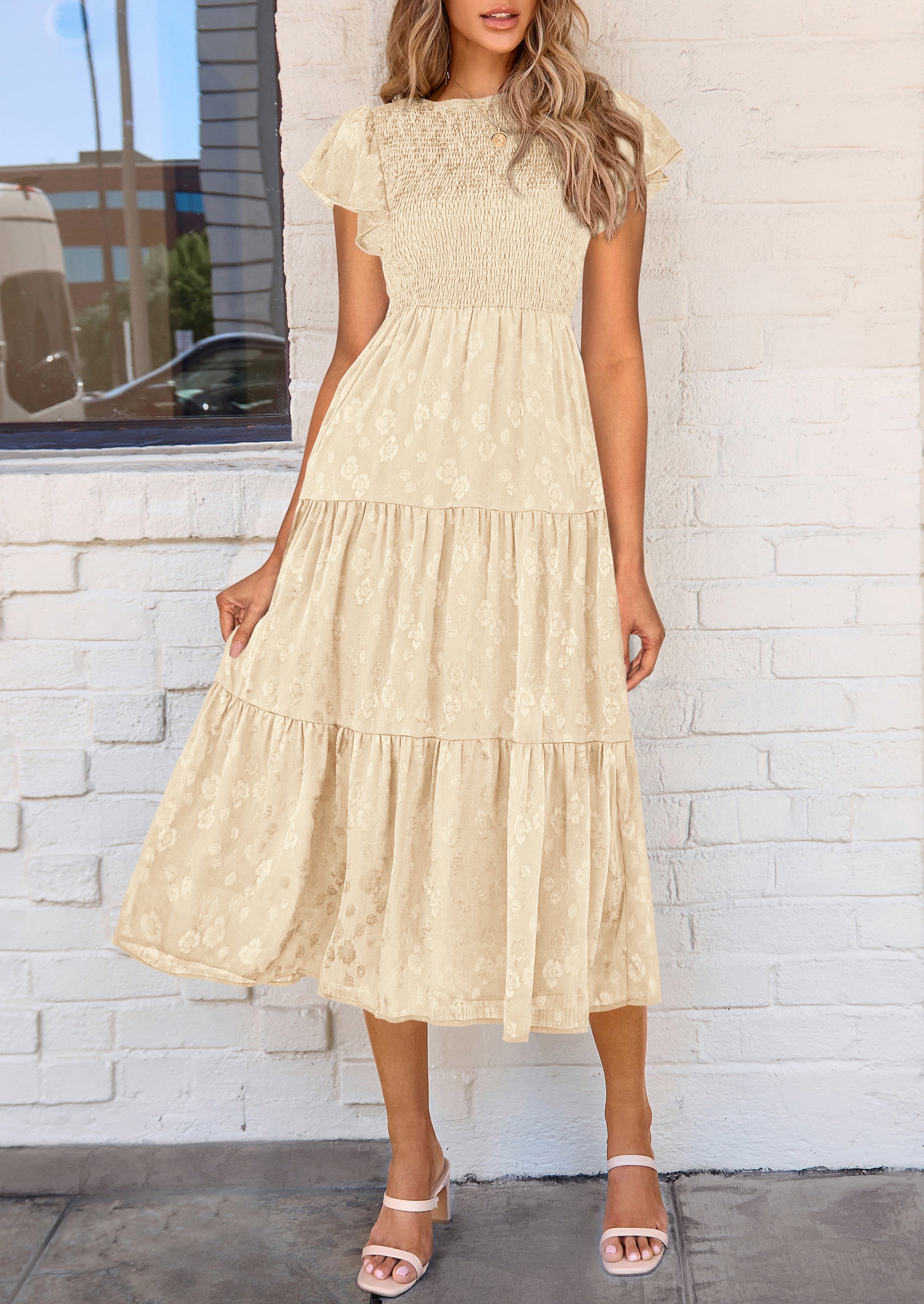 PRETTYGARDEN Midi Dress for Women Summer Floral Cap Sleeve Smocked Ruffle A Line Long Flowy Wedding Guest Dresses