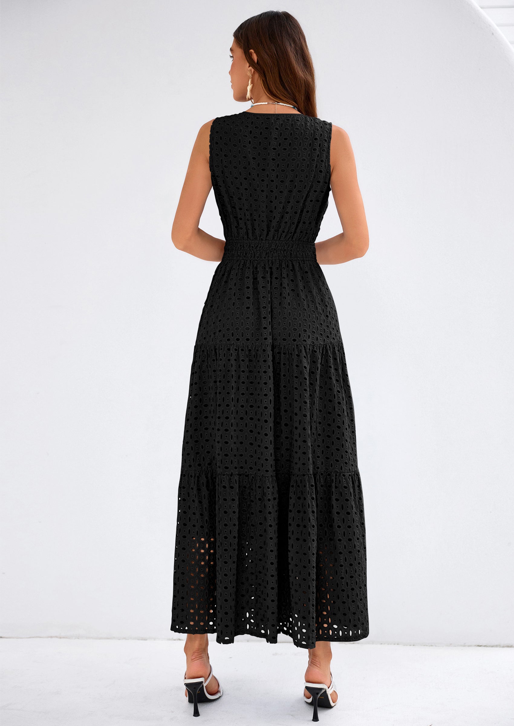 PRETTYGARDEN Summer Dresses for Women Sundresses Sleeveless V Neck Eyelet A Line Flowy Beach Vacation Spring Maxi Dress PRETTYGARDEN