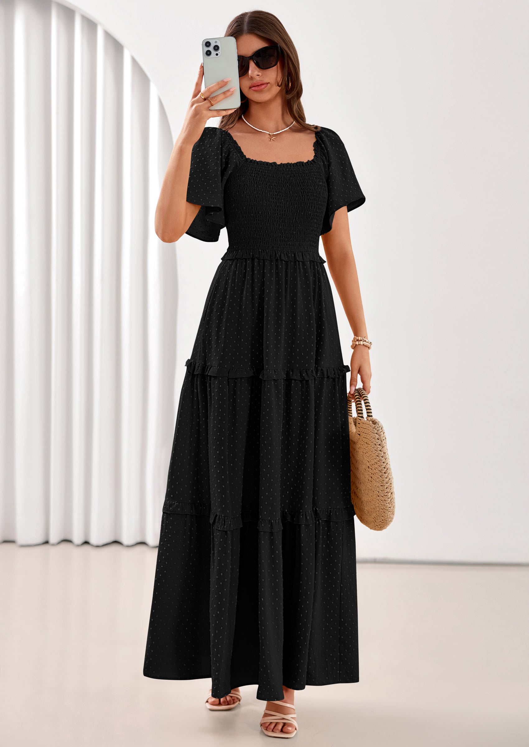 PRETTYGARDEN Summer Dresses for Women Boho Swiss Dot Smocked Square Neck Short Sleeve Spring Wedding Guest Maxi Dress PRETTYGARDEN