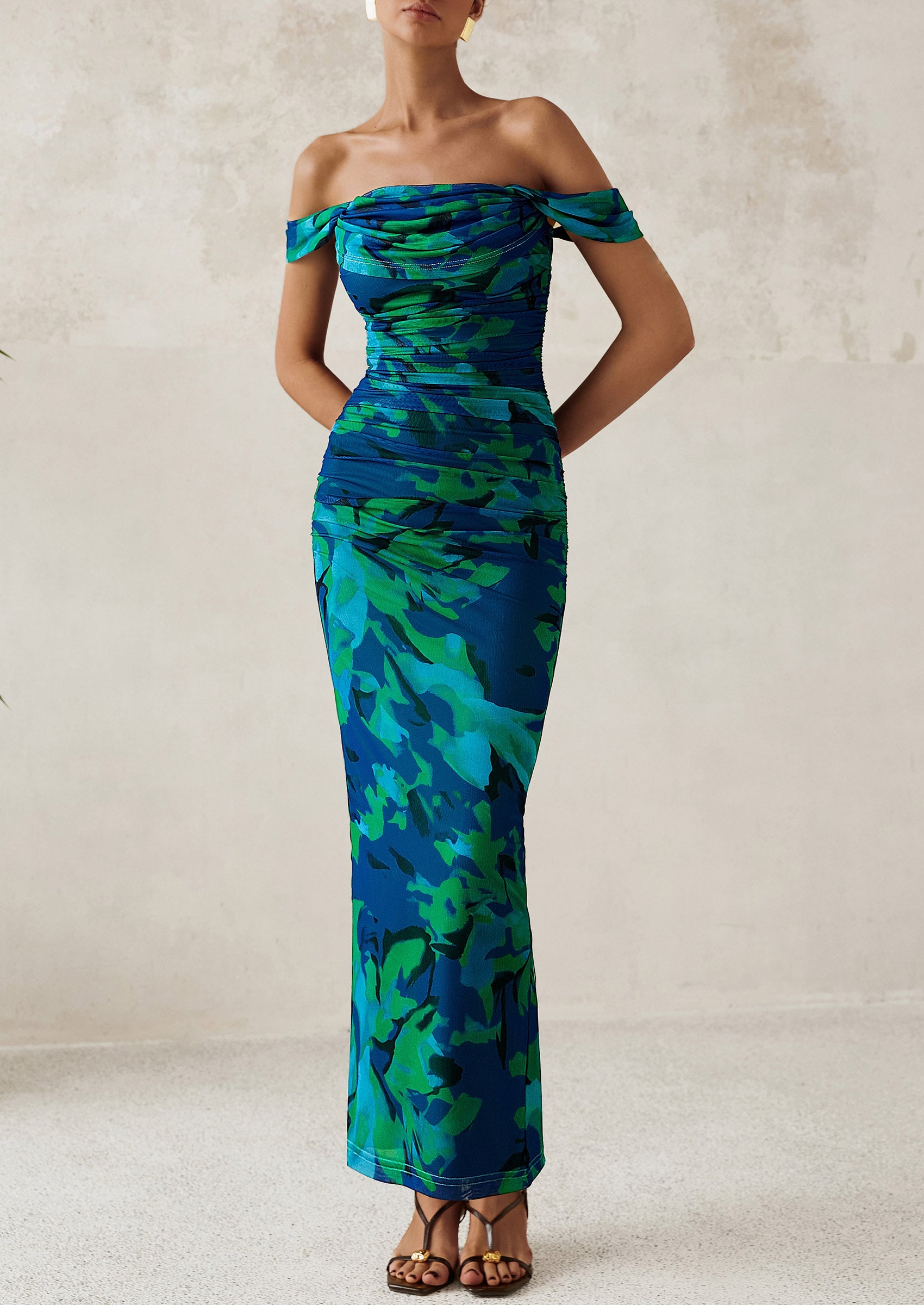 PRETTYGARDEN Maxi Dresses for Women Summer Elegant Floral Off Shoulder Ruched Mesh Cocktail Wedding Guest Dress