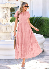 PRETTYGARDEN Womens Boho Maxi Dress Floral Summer Spring Short Sleeve V Neck A Line Embroidered Beach Vacation Dresses