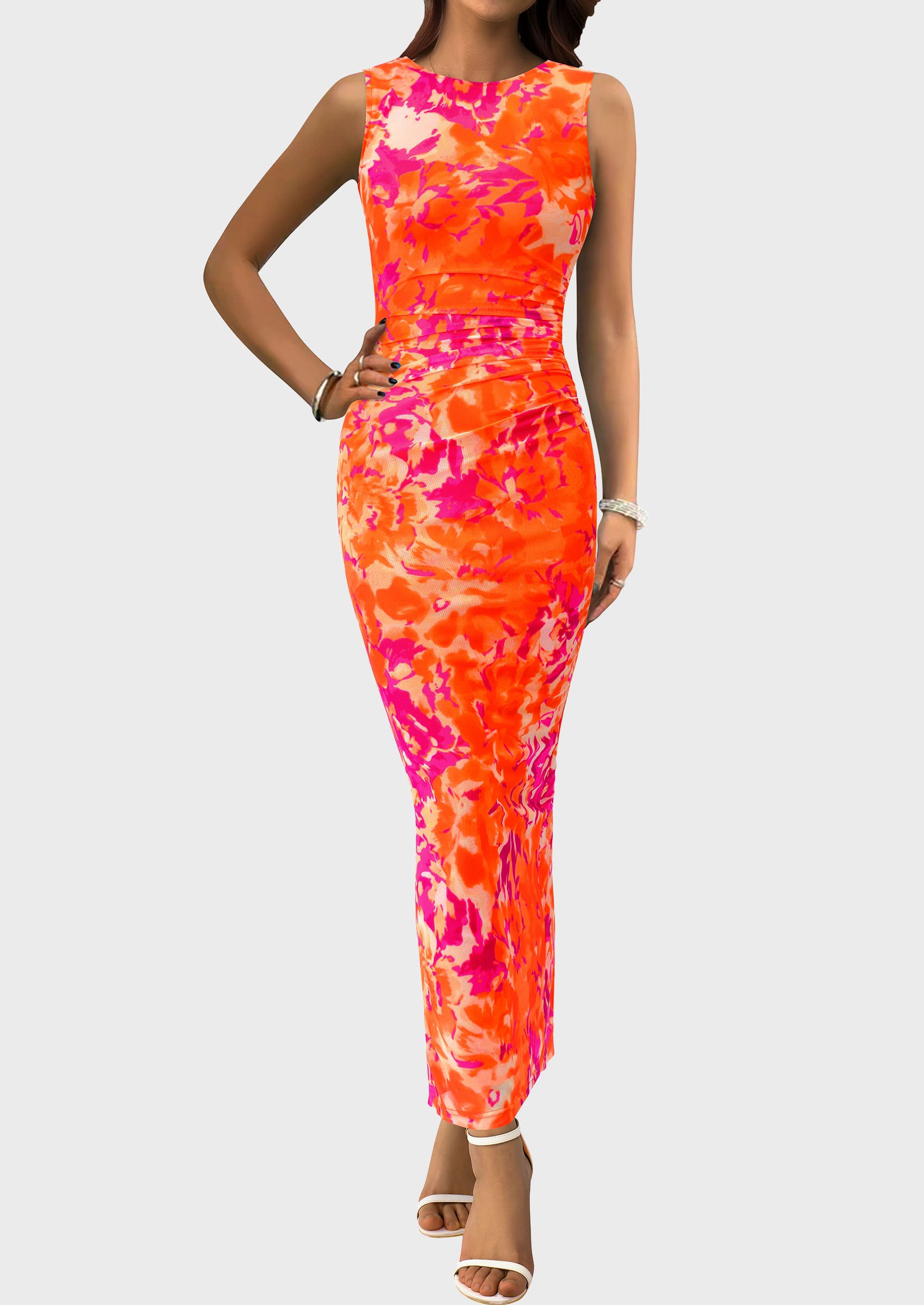 PRETTYGARDEN Wedding Guest Dresses for Women Spring Floral Bodycon Sleeveless Mesh Maxi Long Dress