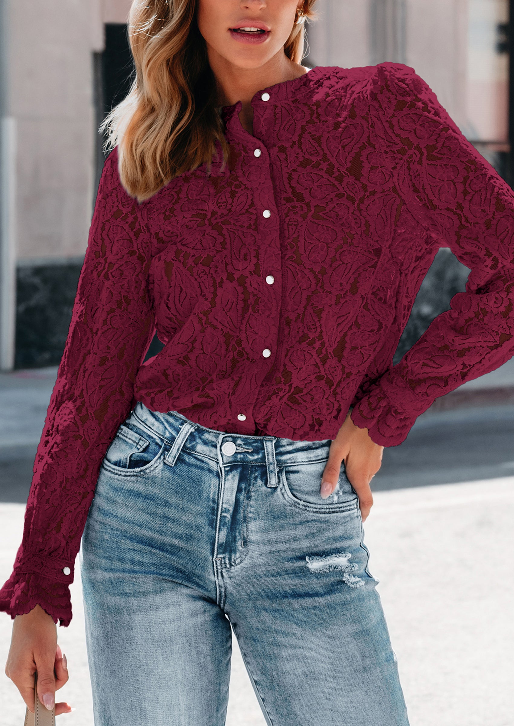 PRETTYGARDEN Women's Dressy Casual Lace Blouse Long Sleeve Button Up Shirts Tops Spring Fall Fashion Clothes