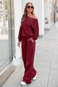 PRETTYGARDEN Womens 2 Piece Casual Matching Lounge Sets  Fashion Off the Shoulder Sweatshirt, Wide Leg Pants with Pockets, Comfy Airport Travel Outfit, 2026 Trendy Fall Set