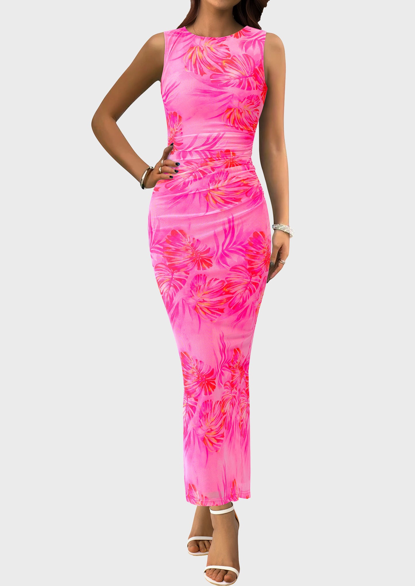 Wedding Guest Dresses for Women 2025 Summer Resort Wear Sexy Floral Bodycon Sleeveless Mesh Maxi Long Dress