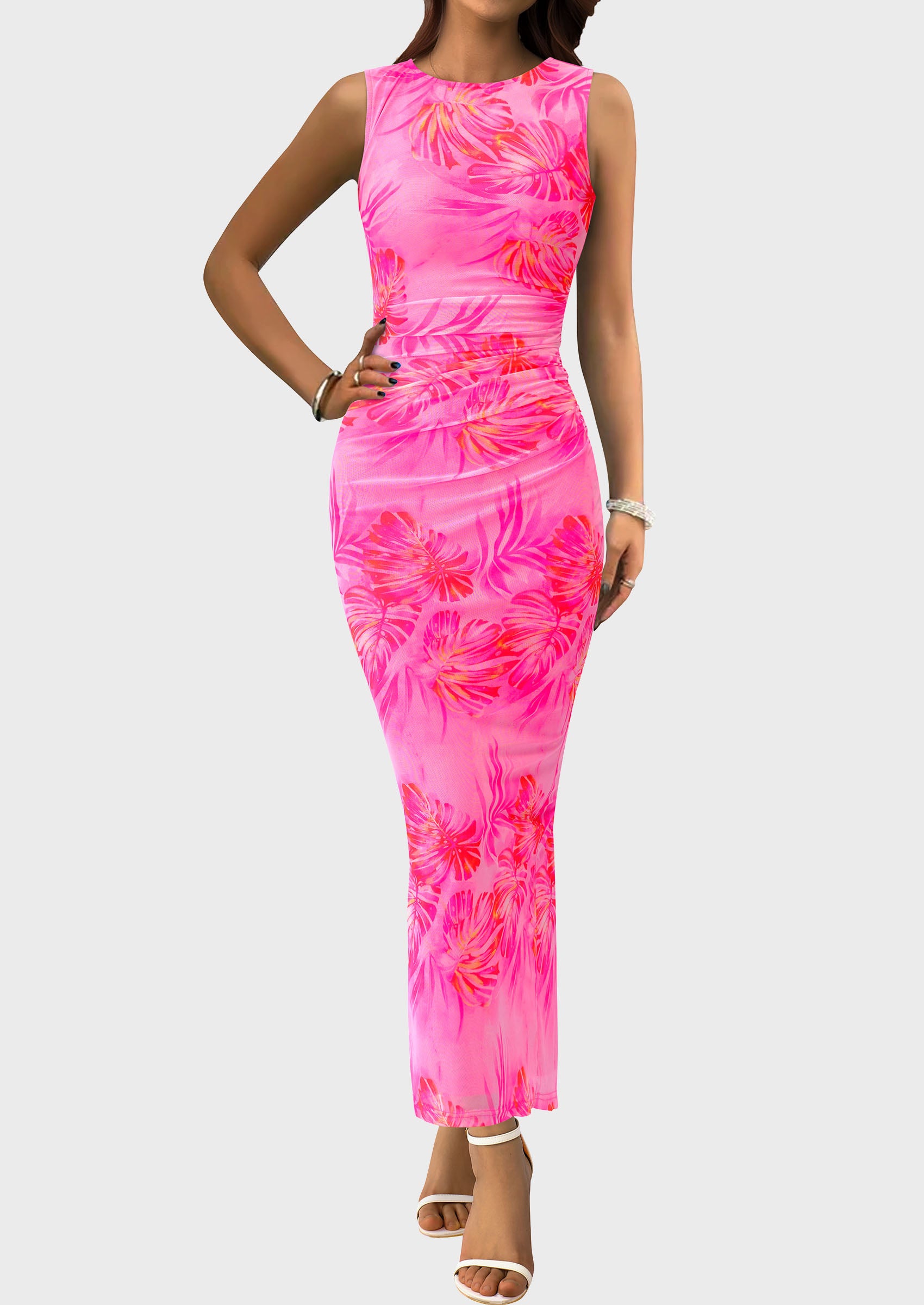 PRETTYGARDEN Wedding Guest Dresses for Women Spring Floral Bodycon Sleeveless Mesh Maxi Long Dress