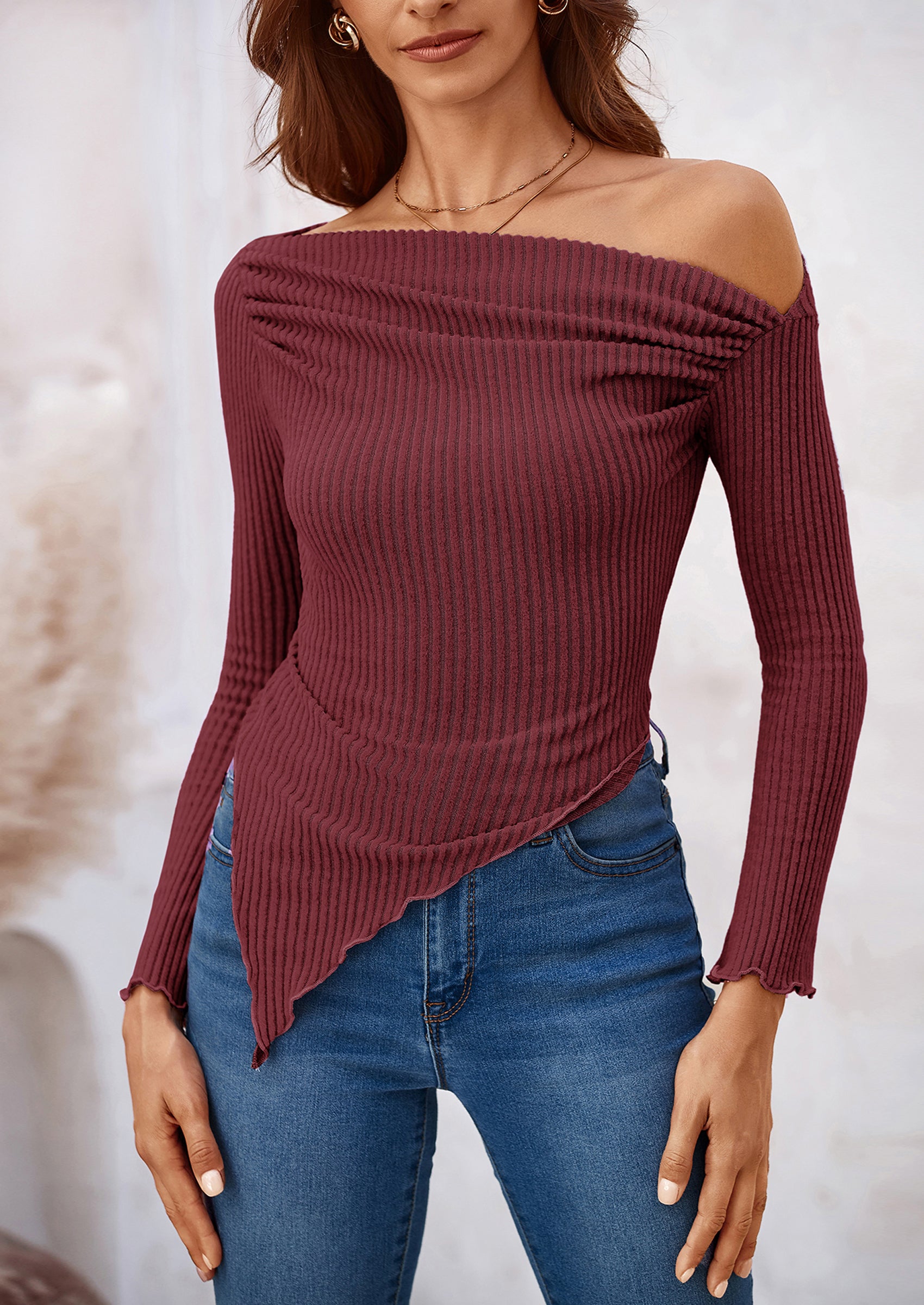 PRETTYGARDEN Women's Spring Long Sleeve Y2K Crop Top Trendy Off Shoulder Asymmetrical Fitted Knit Tee Shirts Going Out Tops