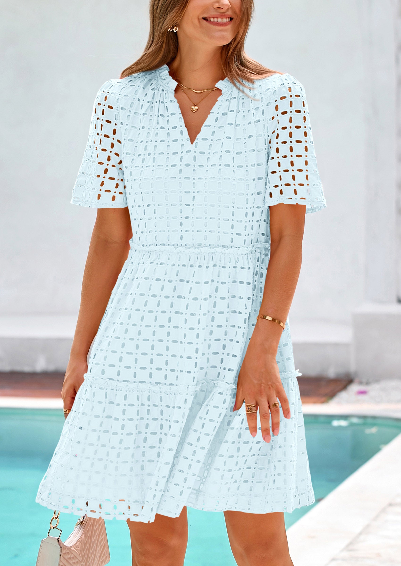 PRETTYGARDEN Women's Short Sleeve Mini Dress Summer V Neck Hollow Out Eyelet Ruffle A Line Swing Short Dresses