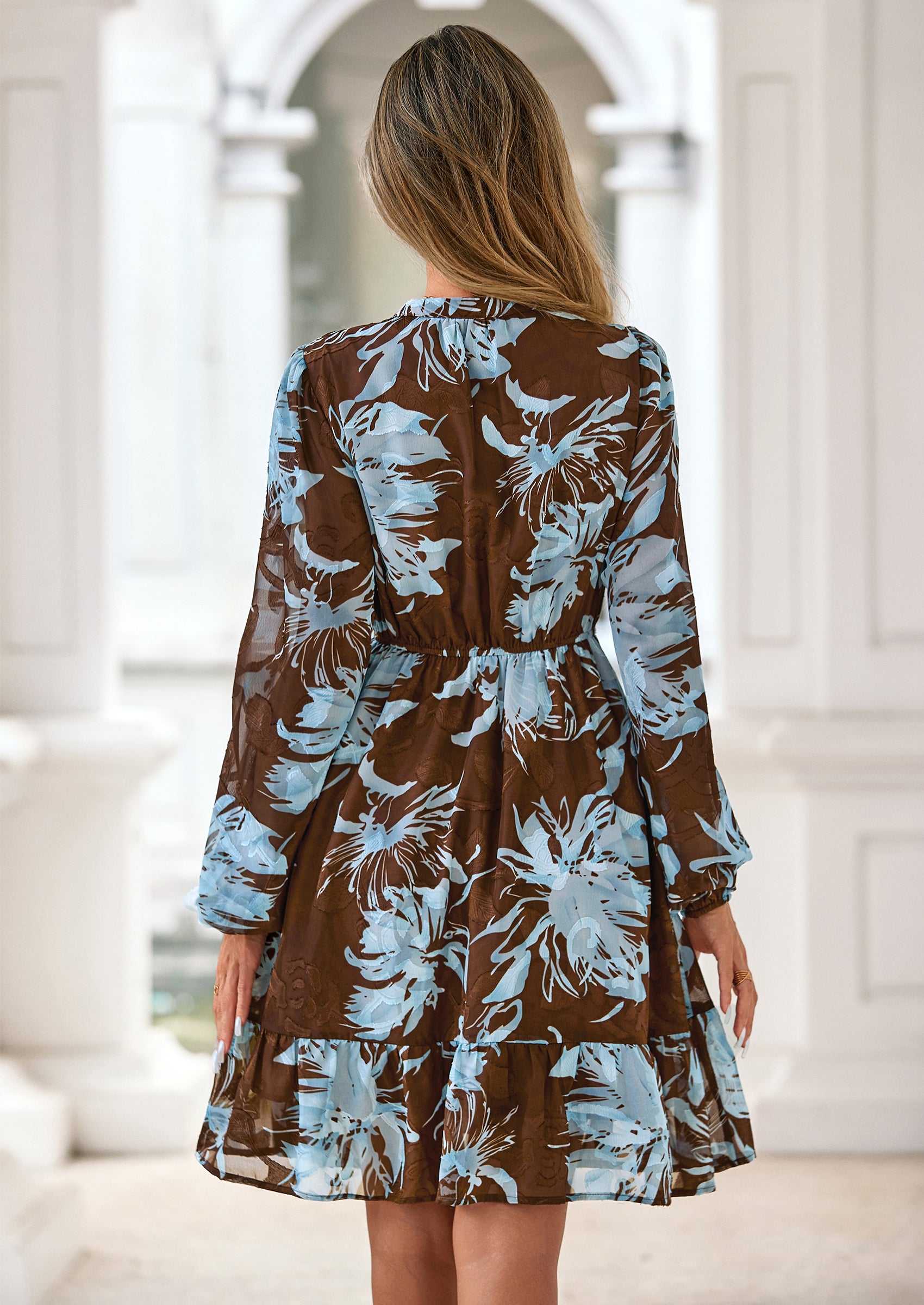 PRETTYGARDEN Women's Fall Boho Dresses Floral Long Sleeve V Neck Mini Flowy Wedding Guest Dress Trendy Vacation Outfits