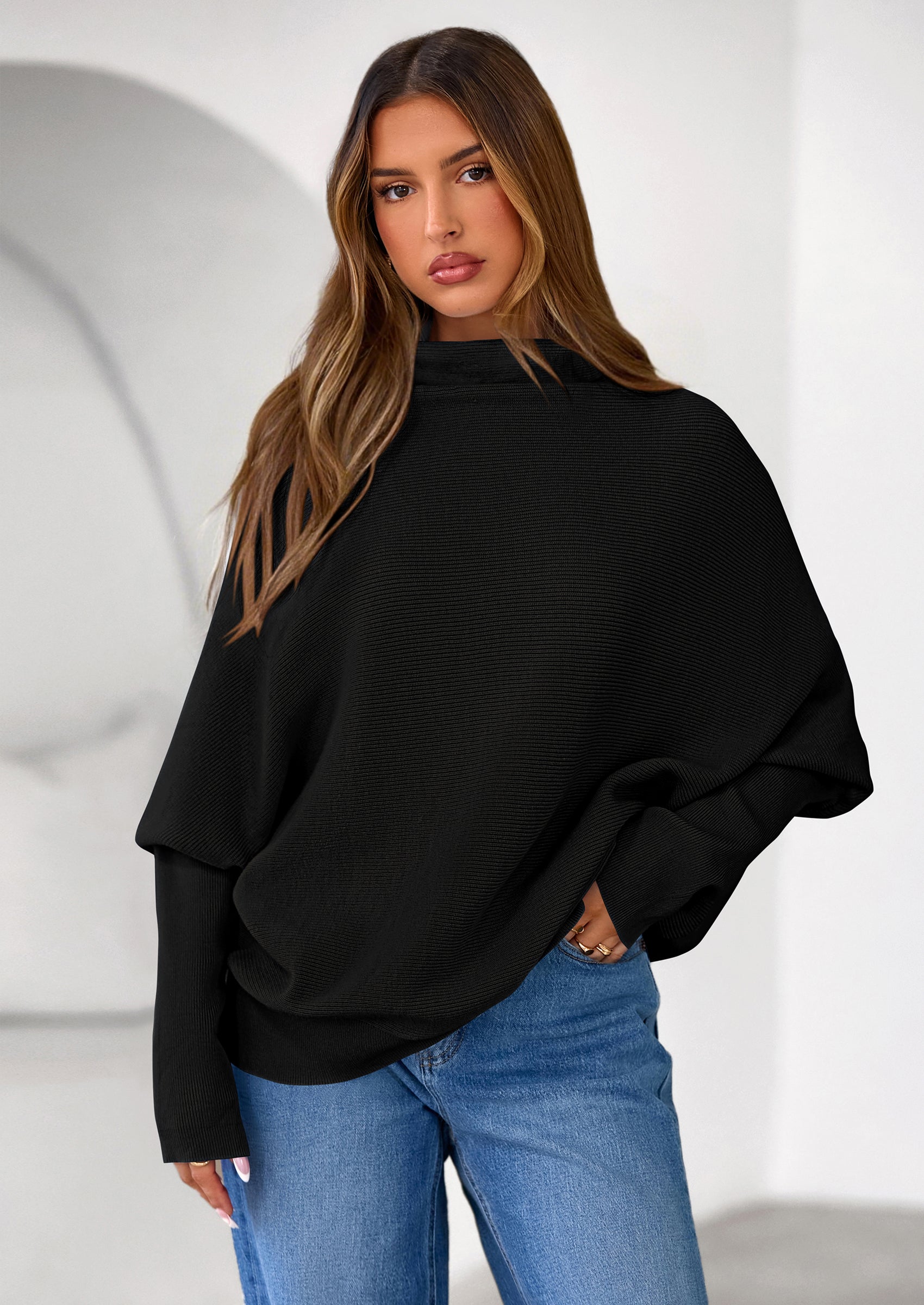 PRETTYGARDEN Womens Sweaters Fall Fashion Casual Loose Turtleneck Batwing Long Sleeve Knit Sweater Pullover Tops