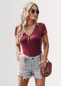 PRETTYGARDEN Women's Summer Casual Henley T-Shirts Short Sleeve V Neck Button Up Ribbed Knit Slim Fit Basic Tops