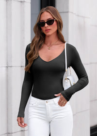 PRETTYGARDEN Bodysuits for Women Fall Long Sleeve Shirts V Neck Slim Fitted Basic Tees Going Out Tops Fashion Clothing