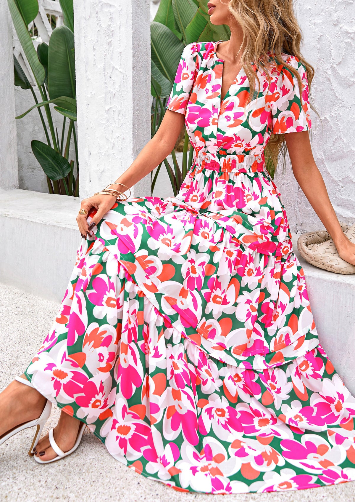 Summer Boho Floral Short Sleeve V Neck A Line Tiered Ruffle Flowy Long Beach Vacation Maxi Dresses