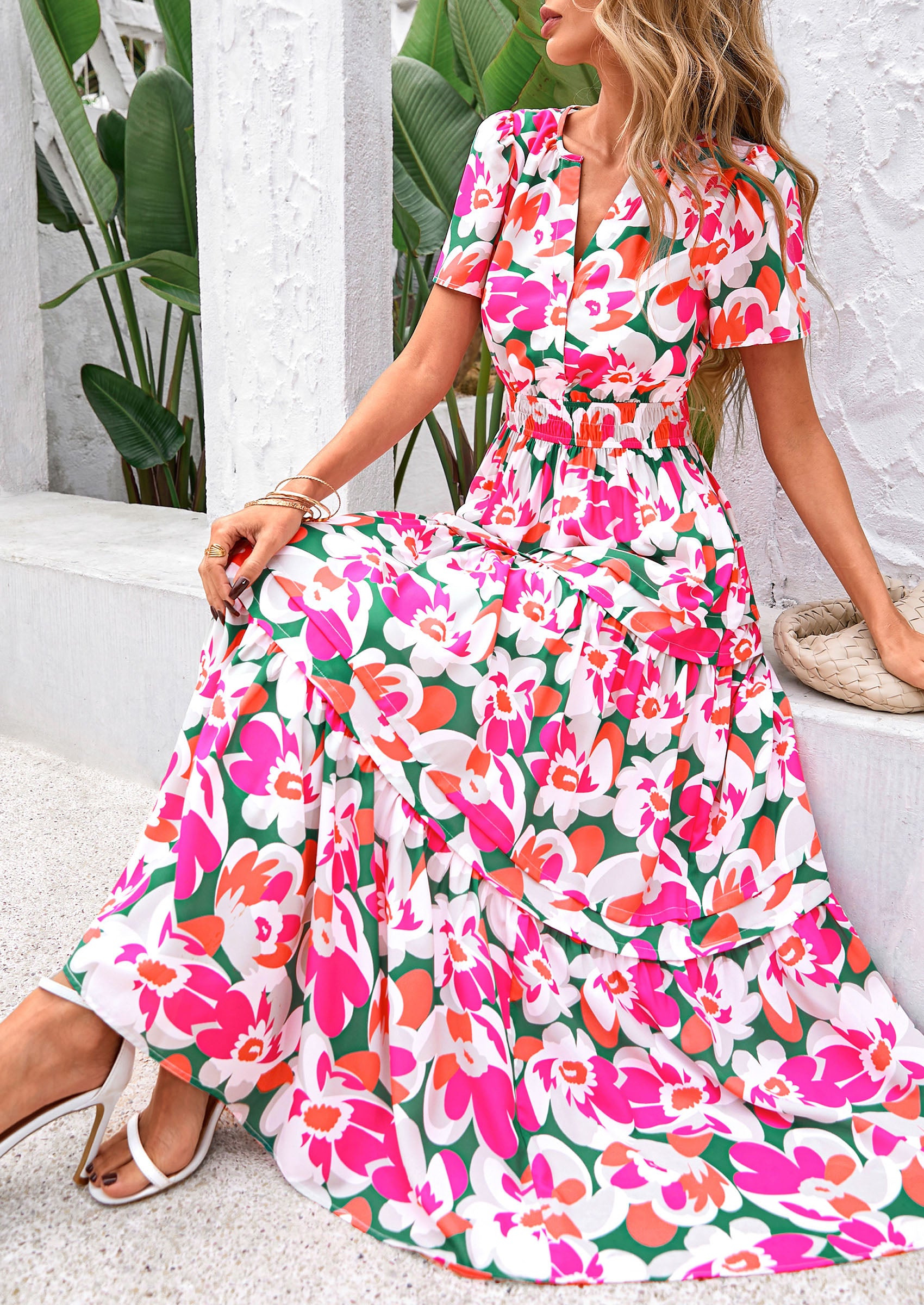 PRETTYGARDEN Women's Boho Maxi Dresses Floral Short Sleeve V Neck A Line Tiered Flowy Long Beach Vacation Dress